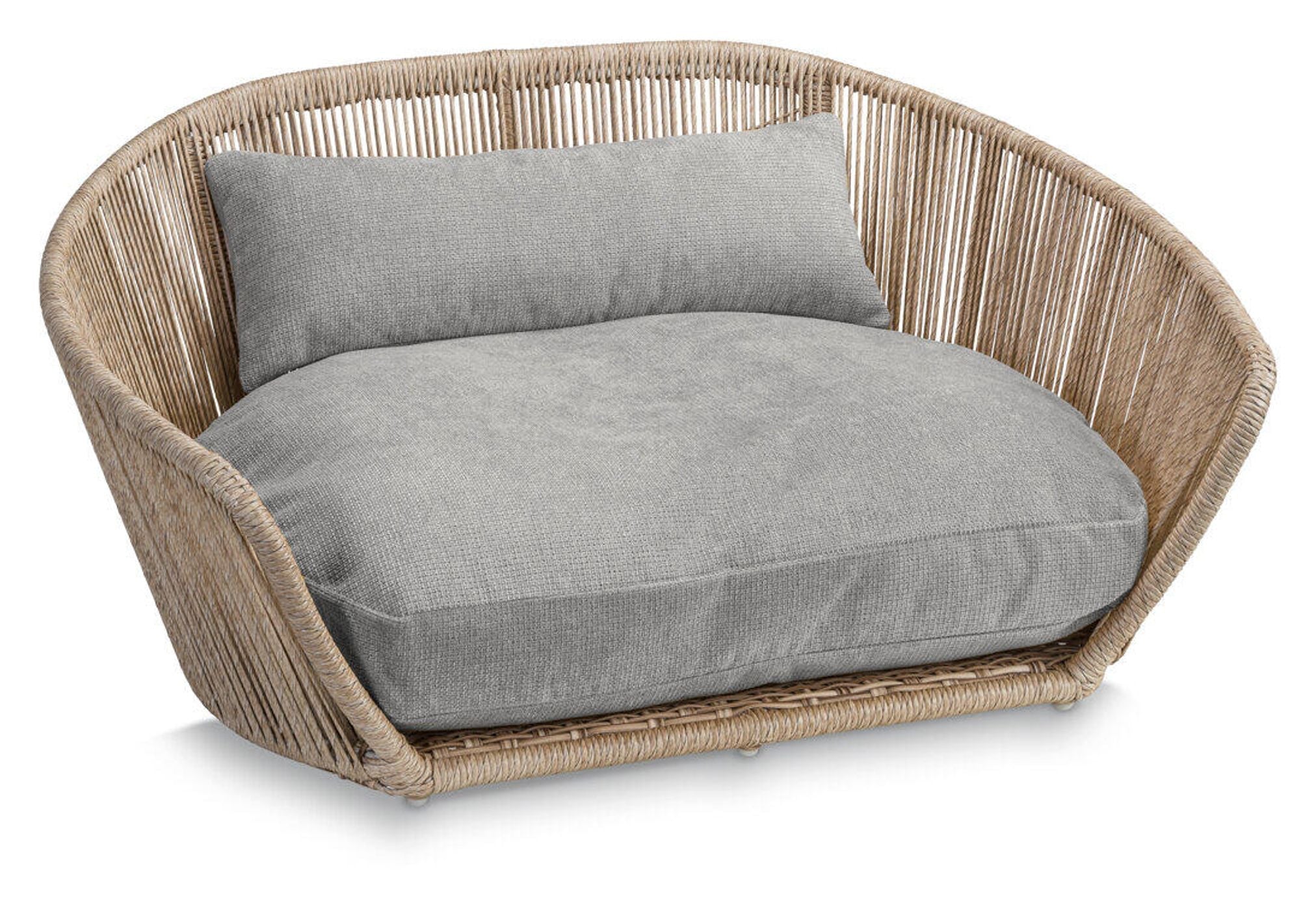 Rattan-Hundebett mit grauem Kissen, modernes Design, Haustiermöbel, gemütlich und stilvoll.