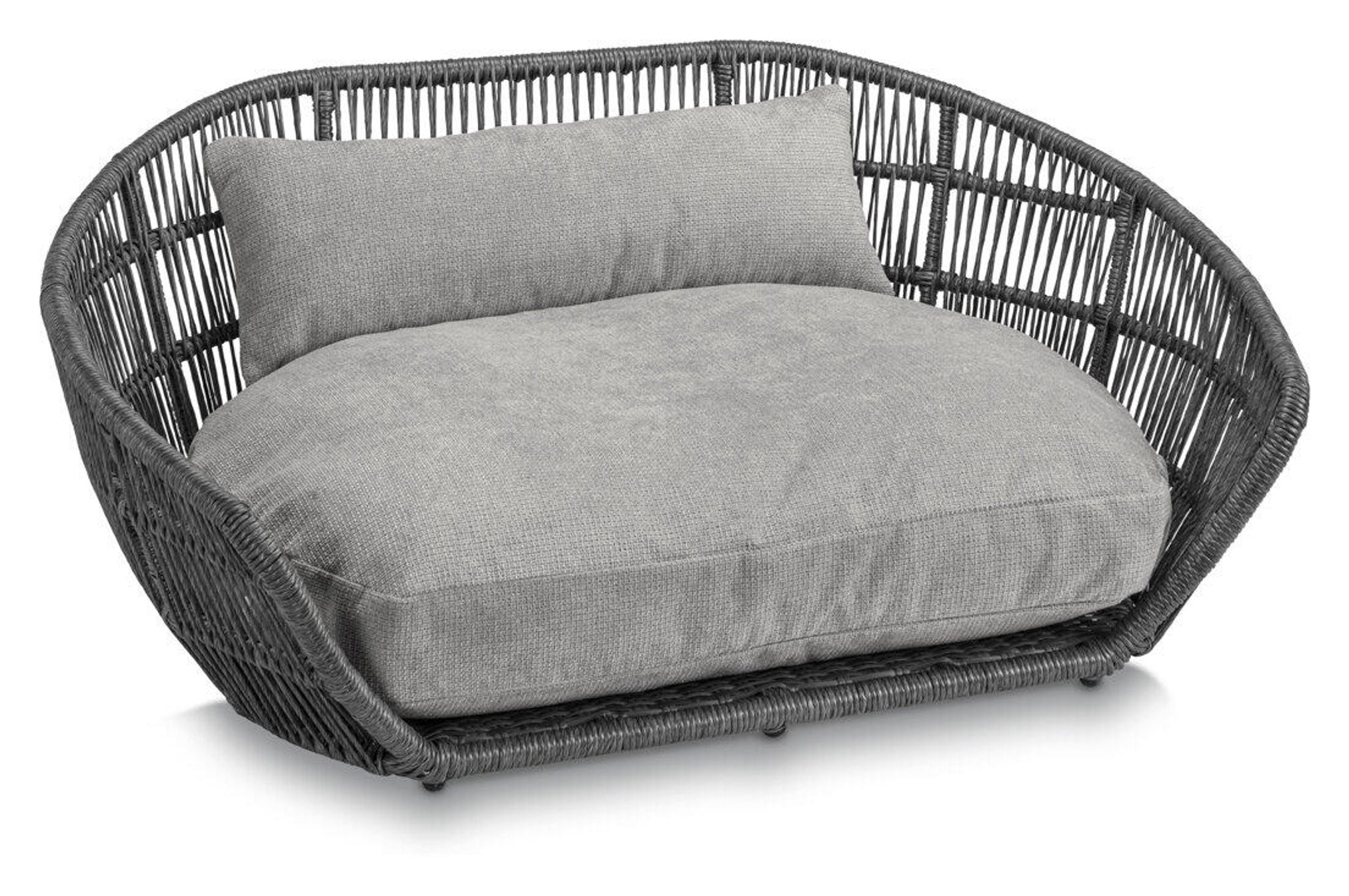 Graues Hundebett aus Rattan mit Kissen, modernes Design, Haustiermöbel, bequem und stilvoll.