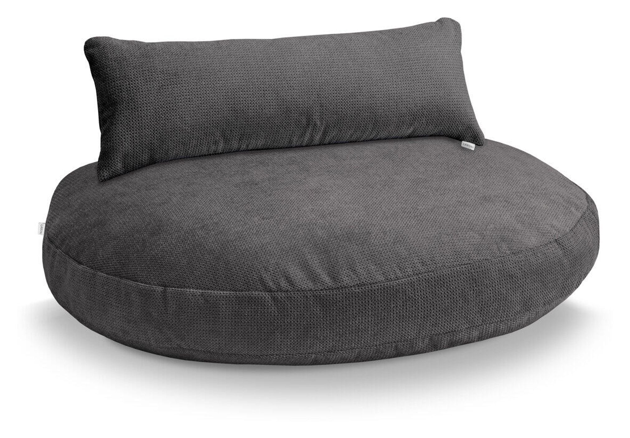 Graues Sitzkissen mit Rückenlehne, modernes Design, bequemes Wohnzimmermöbel, Stoffbezug.