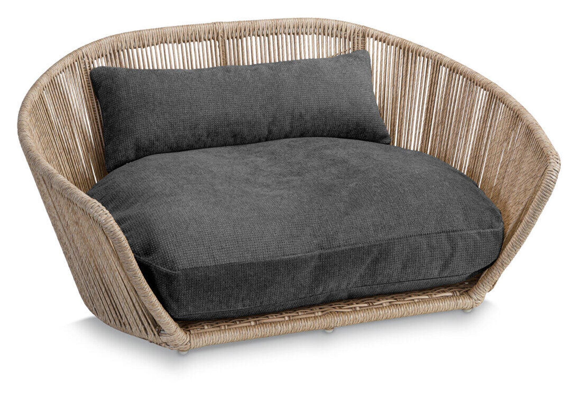 Rattan-Hundebett mit grauem Kissen, modernes Design, gemütlich, langlebig, Haustiermöbel.