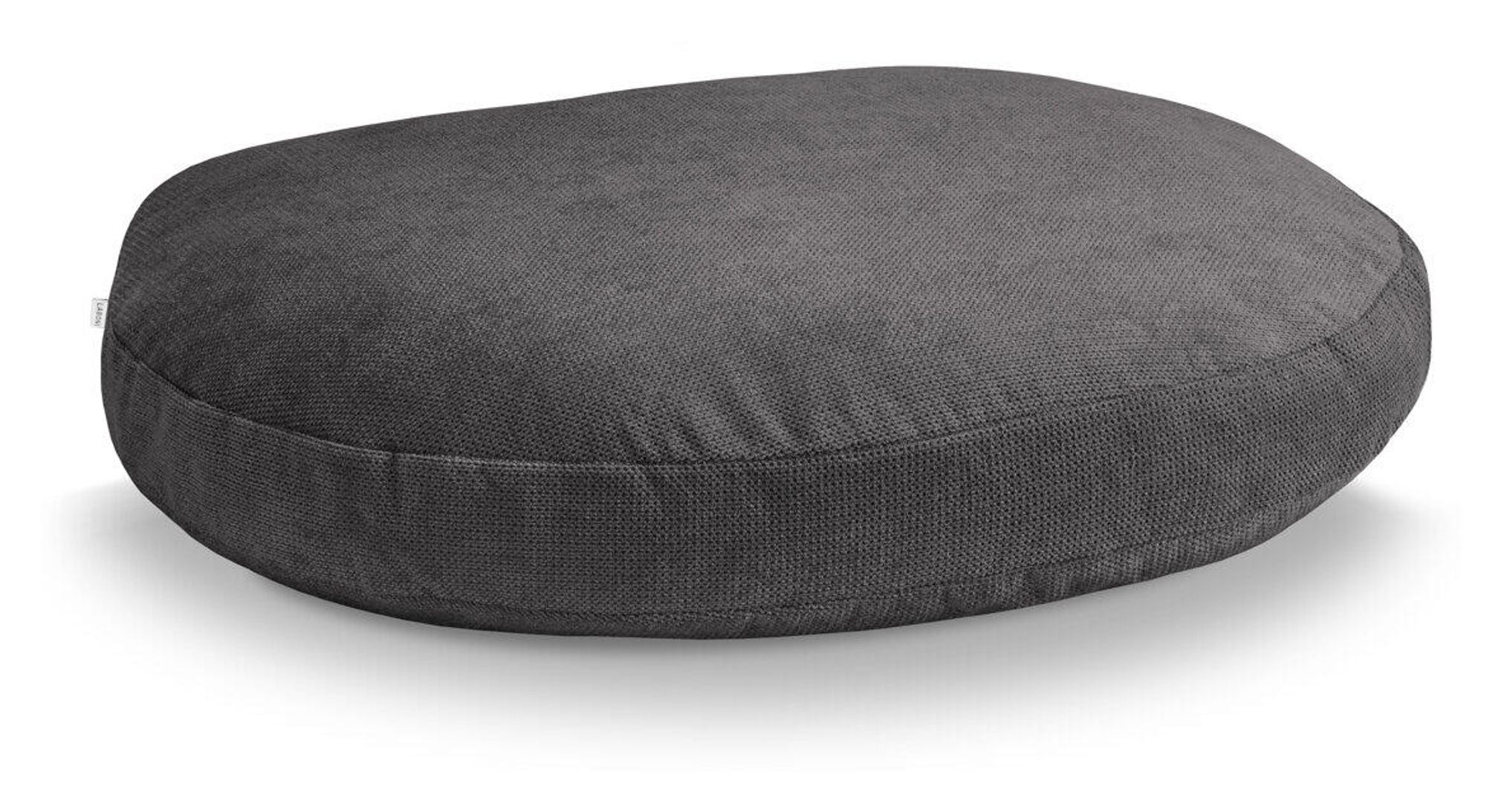 Graues Sitzkissen aus Stoff, rund, bequem, ideal für Wohnzimmer oder Büroeinrichtung.