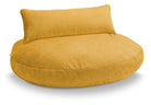 Gelber runder Sitzsack mit Rückenlehne, modernes Design, bequemer Stoff, Wohnzimmermöbel.