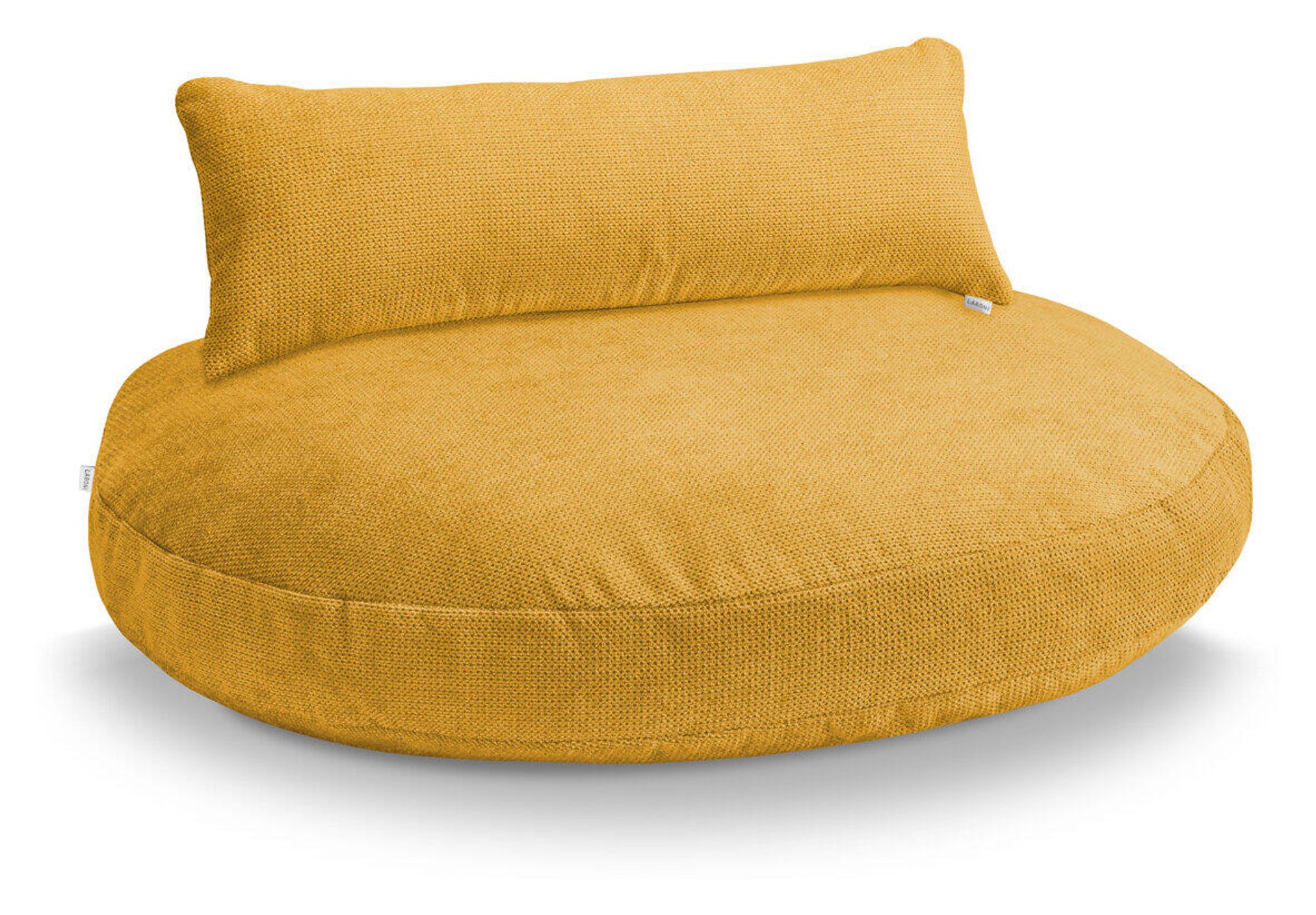 Gelber runder Sitzsack mit Rückenlehne, modernes Design, bequemer Stoff, Wohnzimmermöbel.