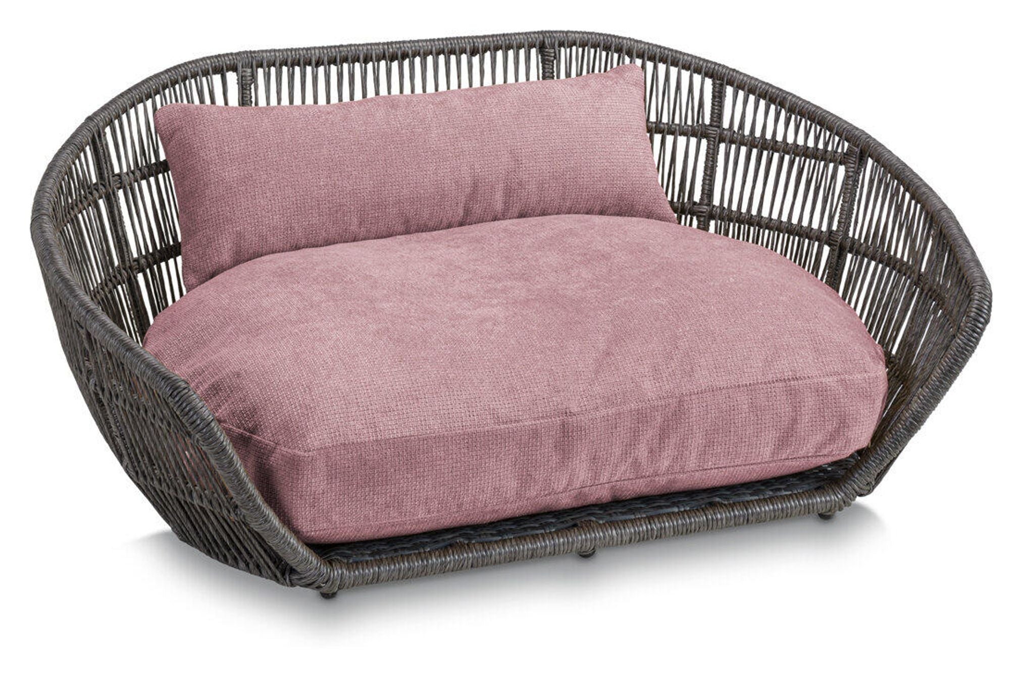 Rattan-Hundebett mit rosa Kissen, modernes Design, Haustiermöbel, gemütlich und stilvoll.