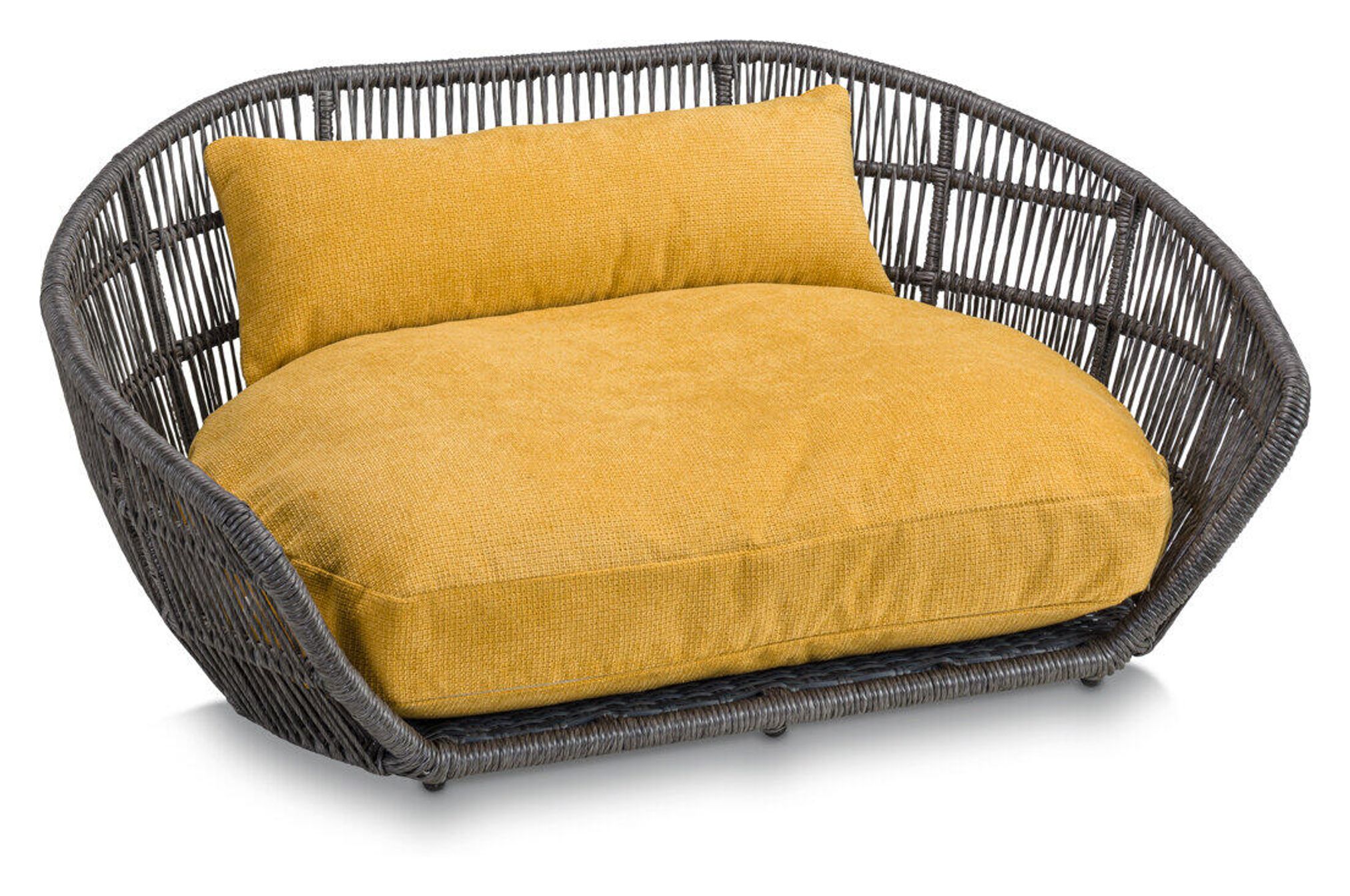 Graues Rattan-Hundebett mit gelbem Kissen, modernes Design, Haustiermöbel.