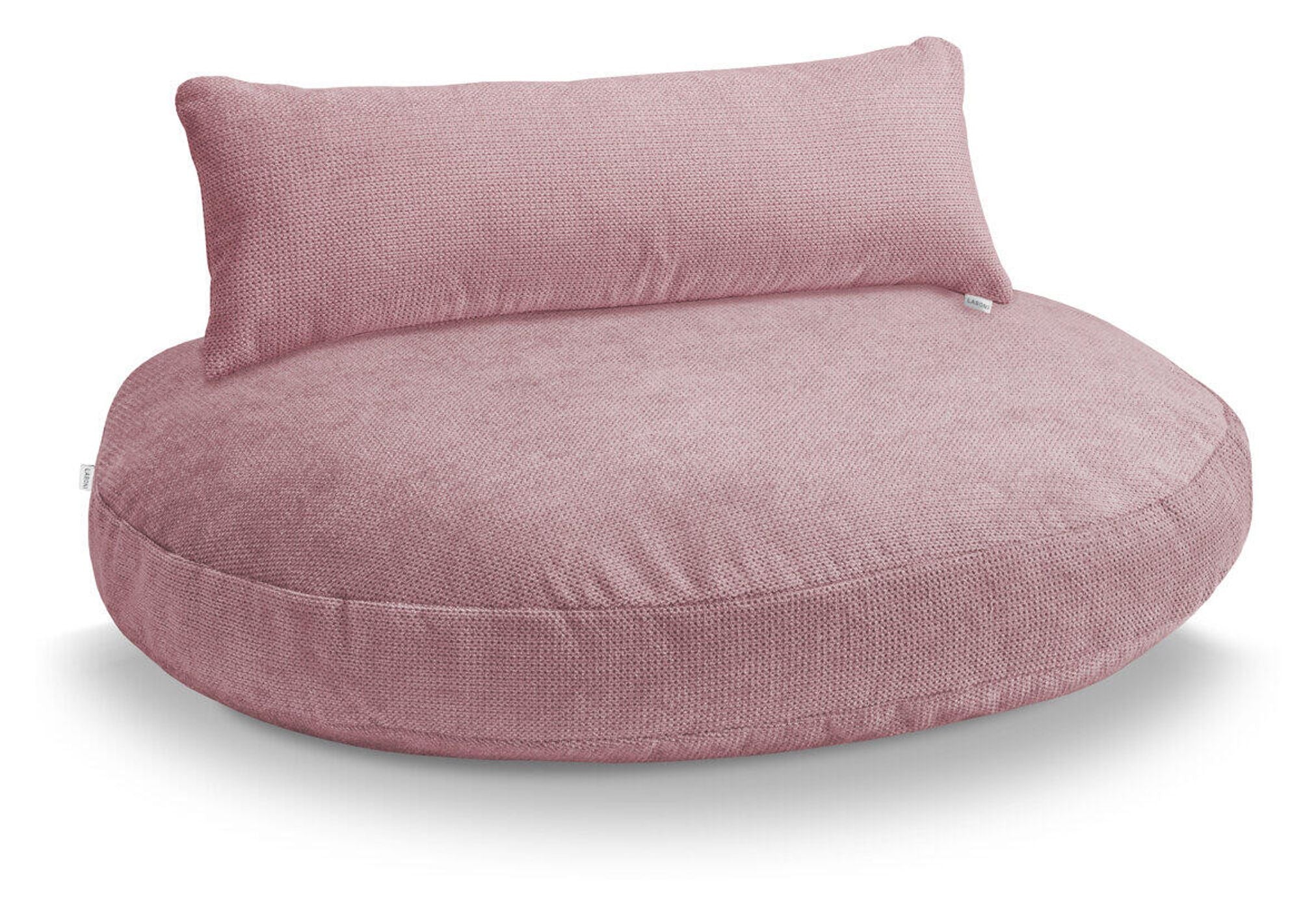 Rosa runder Sitzsack mit Rückenlehne, gemütlicher Stoff, modernes Wohnzimmermöbel.