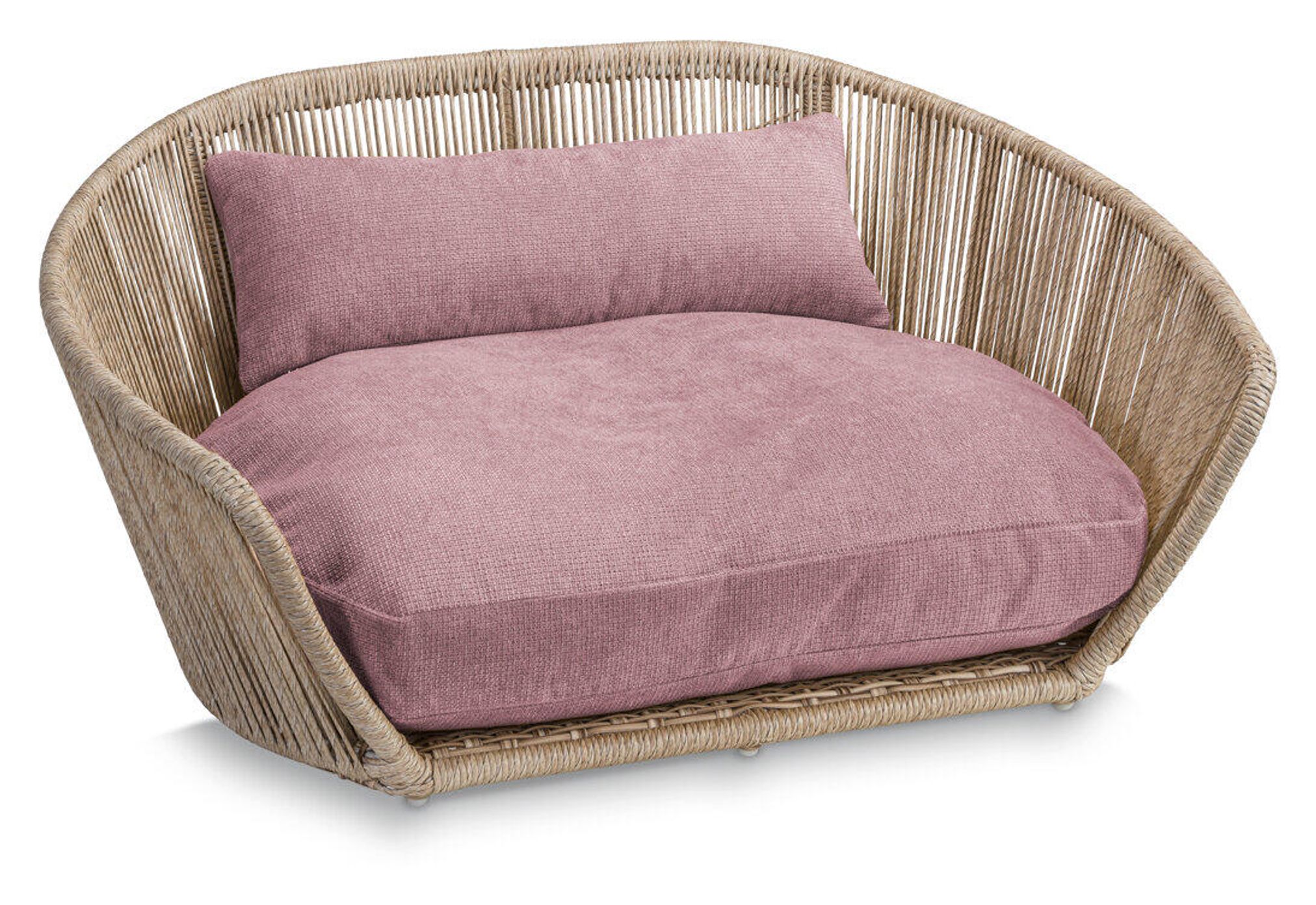 Rattan-Hundebett mit rosa Kissen, modernes Design, gemütlich, Haustiermöbel, langlebig.