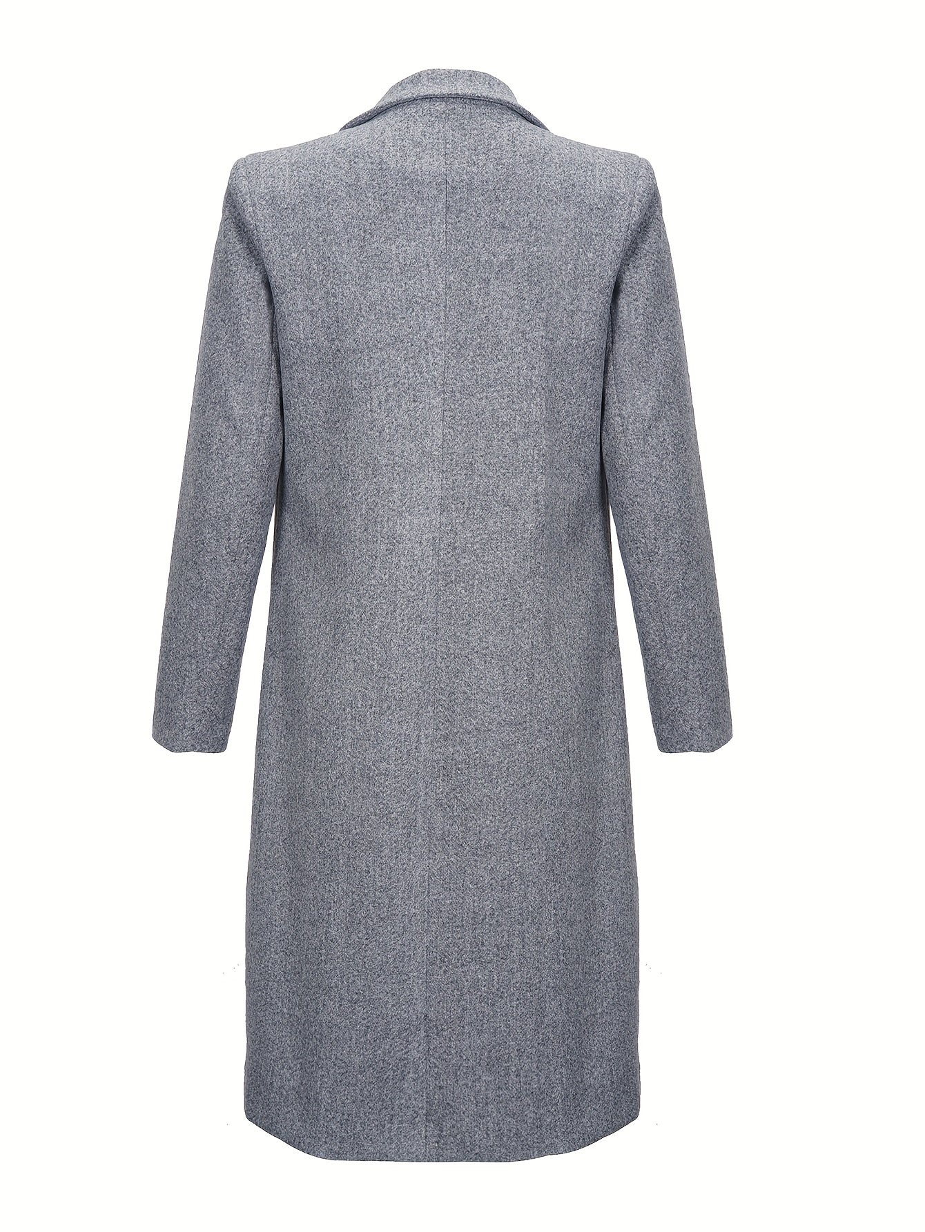 Eleganter grauer Wollmantel für Damen, knielang, klassischer Schnitt, ideal für Herbst und Winter. Hochwertige Mode, zeitloses Design.