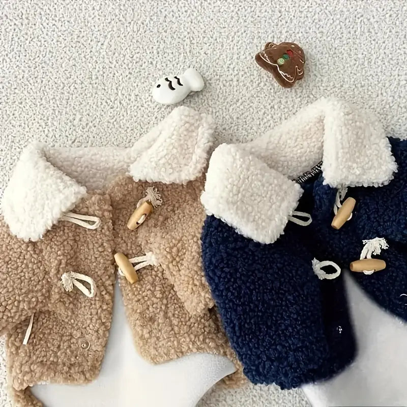 Zwei Babyjacken aus Teddyfleece in Beige und Blau mit Holzknöpfen und weißen Kragen, ideal für Herbstmode. Kuschelig, stilvoll, warm.