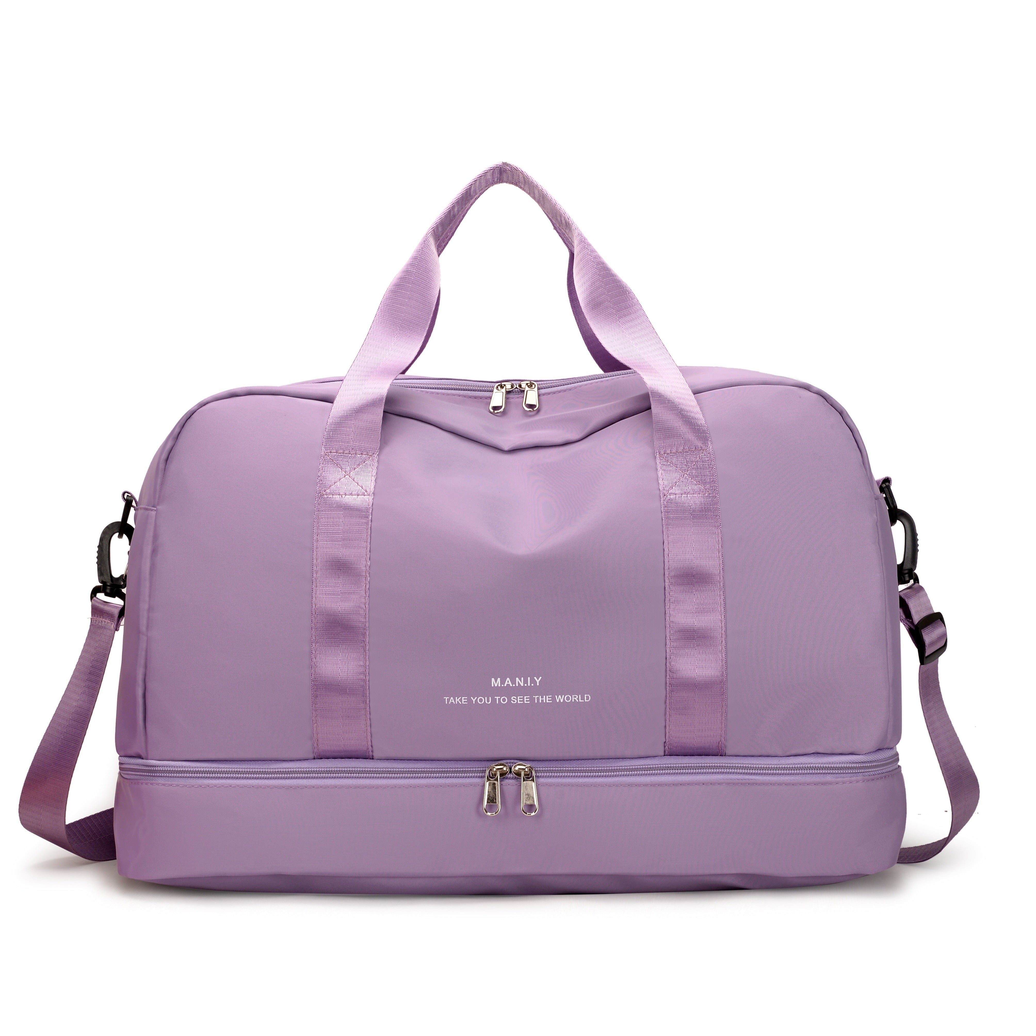 Lila Reisetasche mit verstellbarem Schultergurt, robustem Reißverschluss und großem Hauptfach. Perfekt für Reisen und Sport.