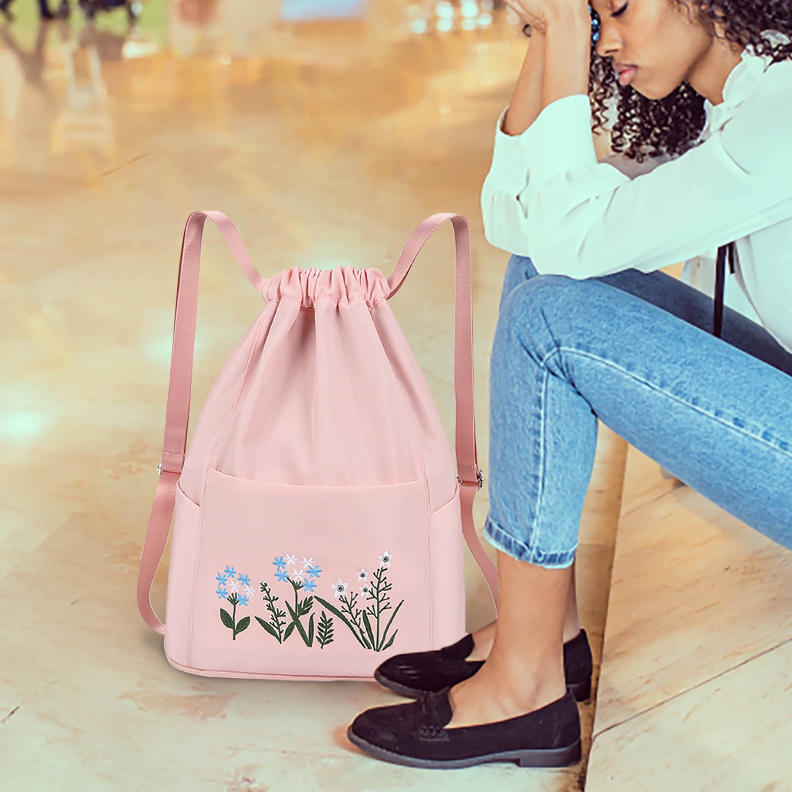 Rosa Turnbeutel mit Blumenmuster, Kordelzug, Damenmode, Freizeit, stilvoller Rucksack.