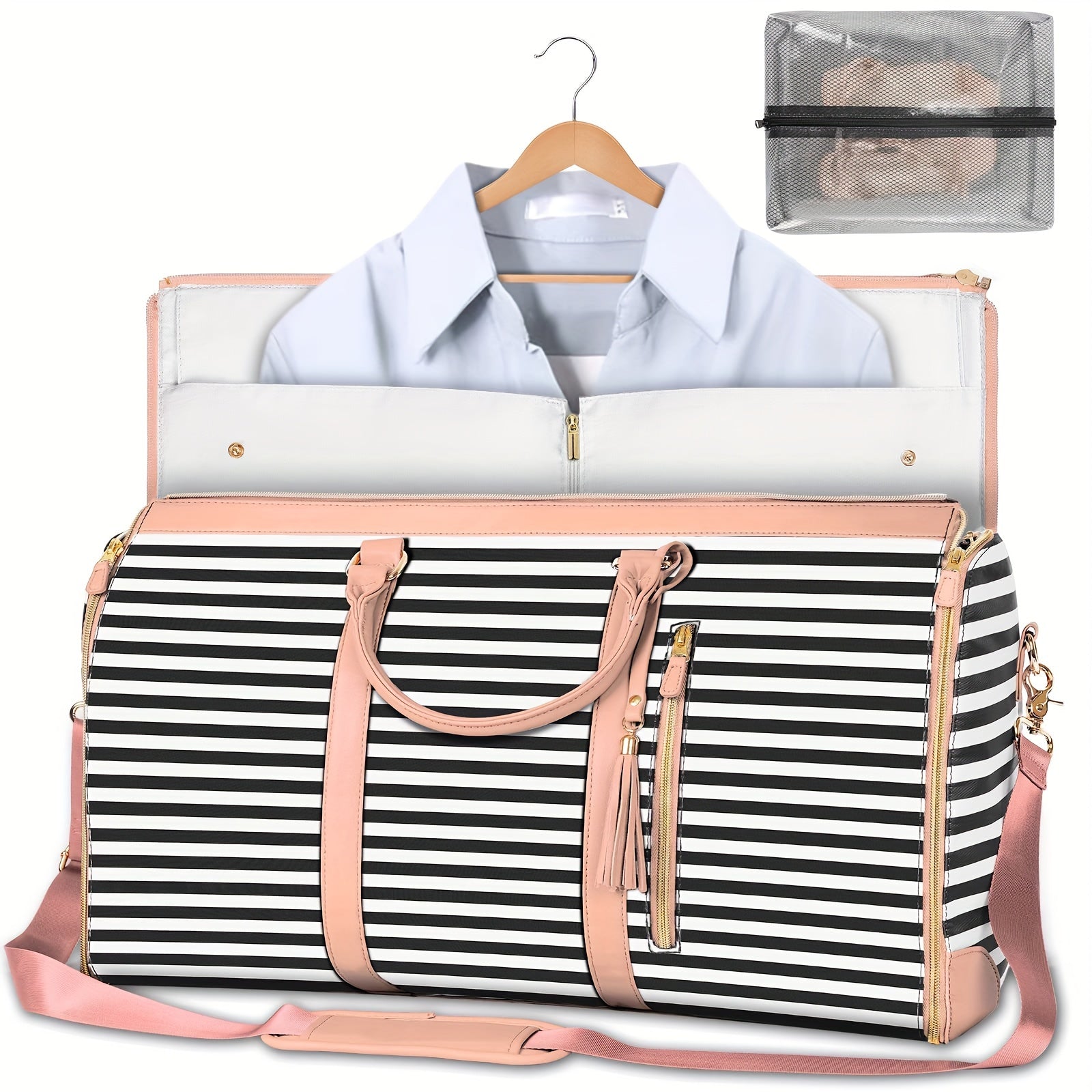 Gestreifte Reisetasche mit Kleidersack, ideal für Wochenendausflüge. Inklusive transparentem Kulturbeutel. Stilvoll, praktisch, vielseitig.