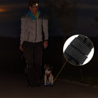 Mann mit Stirnlampe und Hund mit reflektierendem Geschirr bei Nacht. Sicherheitsausrüstung für Spaziergänge, reflektierende Hundebekleidung.