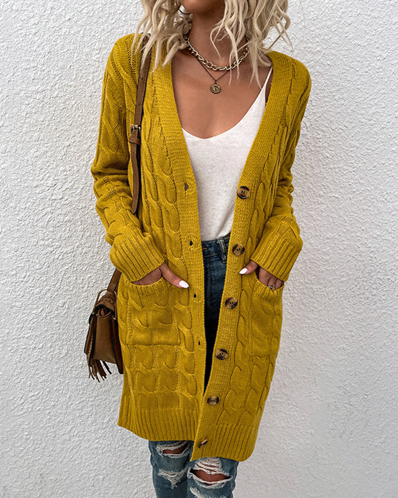 Damen Strickjacke senfgelb, Zopfmuster, V-Ausschnitt, Knopfleiste, lässig, modisch, Herbstmode, bequem, langärmelig, Taschen.