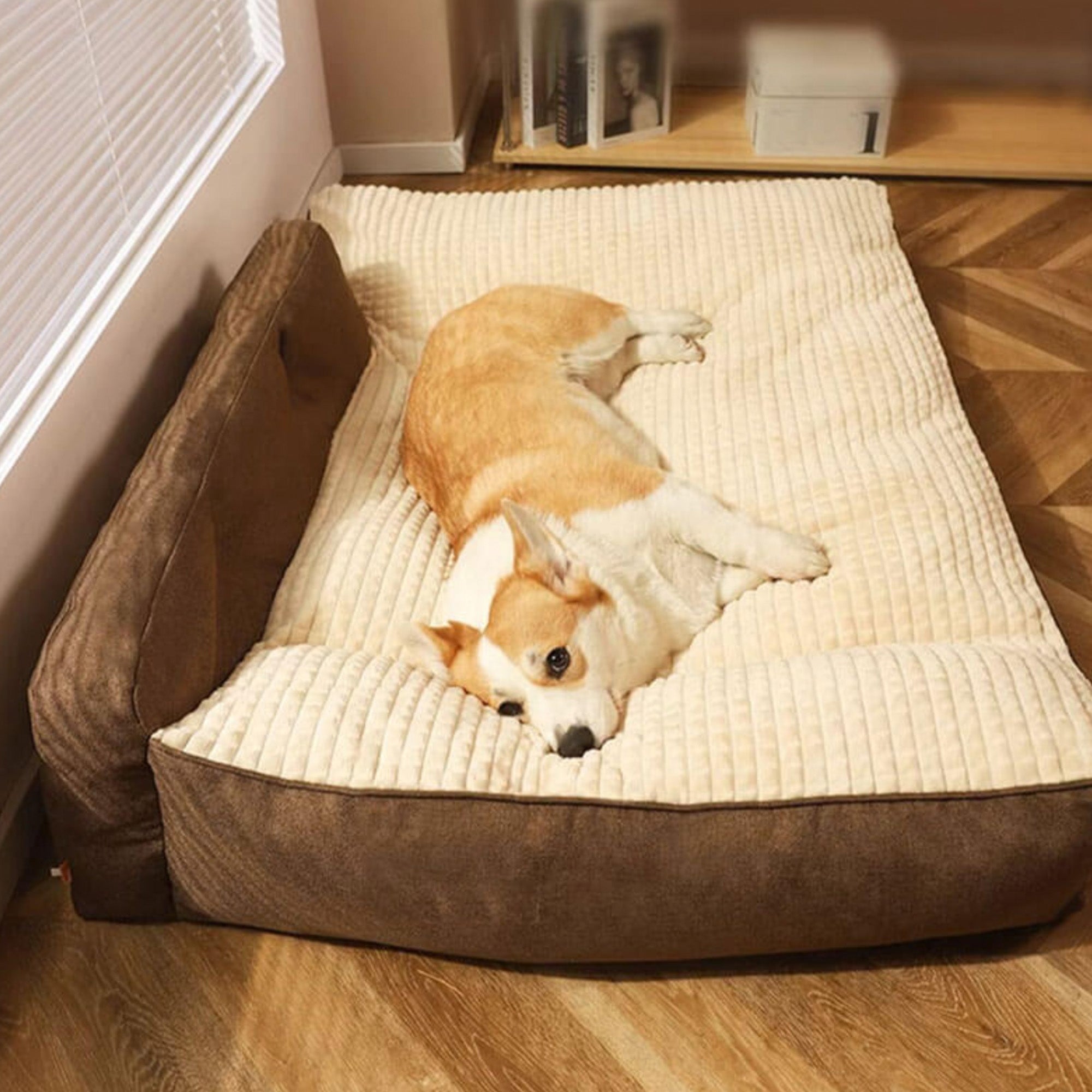 Großes, waschbares Hundebett aus dickem Stoff, beige und braun, mit Corgi liegend darauf.