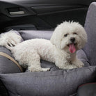 Weißer Hund in grauem orthopädischen Autositz für Haustiere, Sicherheitsbett im Auto.