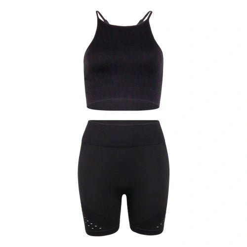 Schwarzes Sport-Set für Damen: Nahtloses Top und Shorts, ideal für Fitness und Yoga. Atmungsaktiv, elastisch, modisch. Perfekt für aktive Frauen.