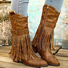 Damen Cowboy-Stiefel mit Fransen, braun, aus Lederimitat. Perfekt für Western-Look, modisch und bequem. Ideal für Herbst und Winter.