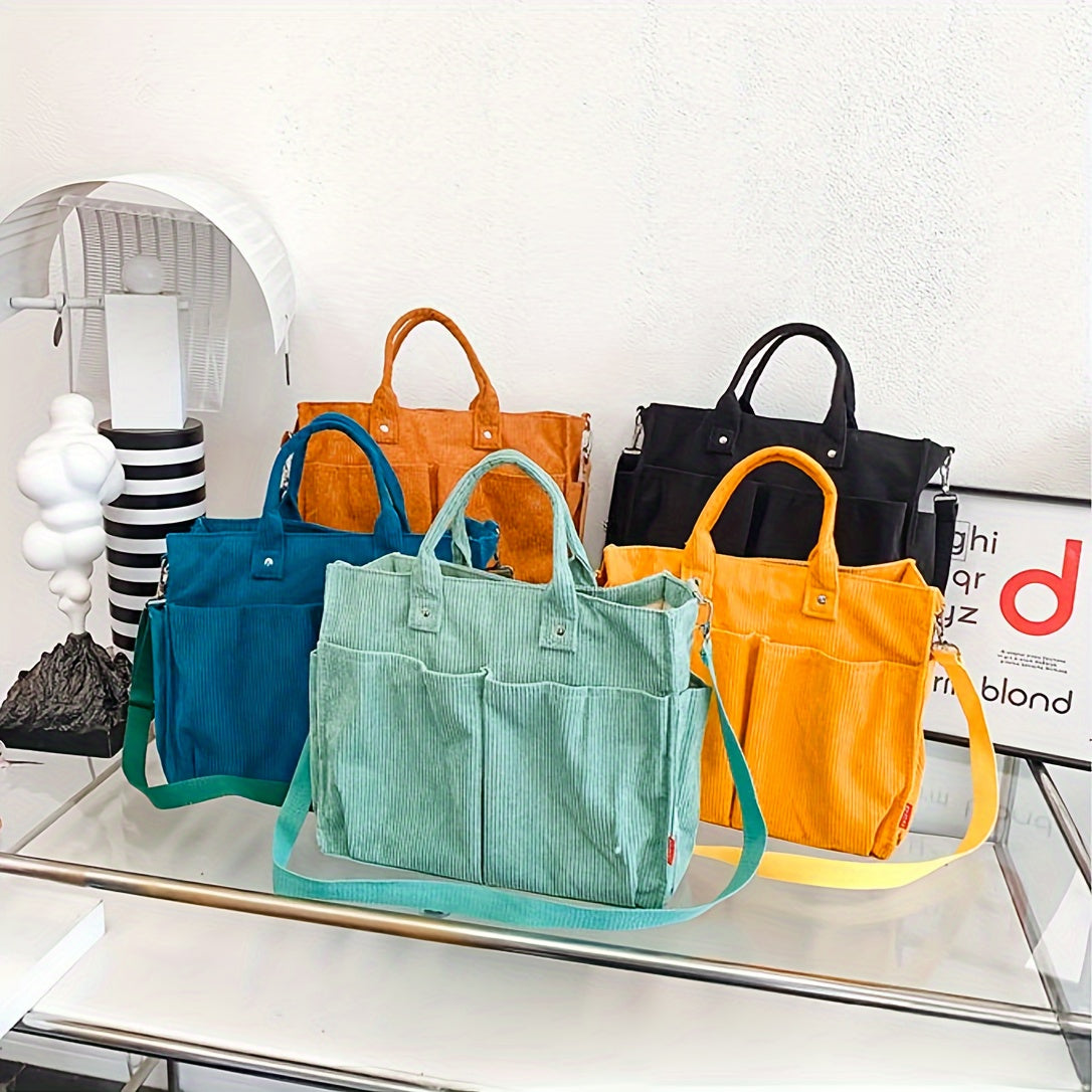 Bunte Cord-Taschen in verschiedenen Farben auf einem Tisch, ideal für stilvolle Aufbewahrung und modische Accessoires. Perfekt für den Alltag.
