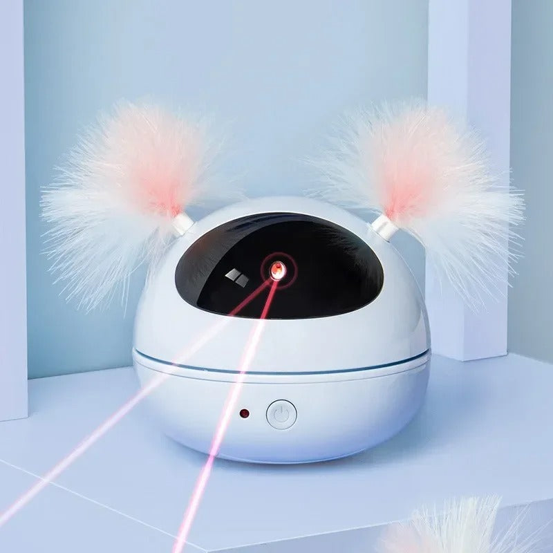 Weißer Katzenlaser-Spielzeug mit flauschigen Ohren, interaktives Haustierzubehör.