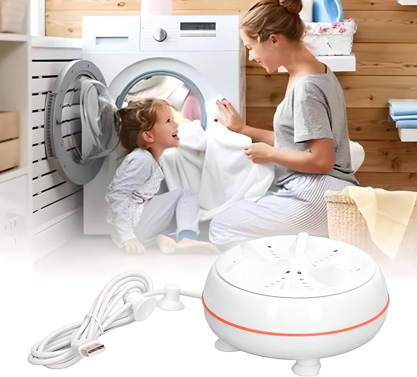 Mutter und Kind vor Waschmaschine, tragbarer Wäschetrockner, weiß, USB-Anschluss, Wäschepflege.