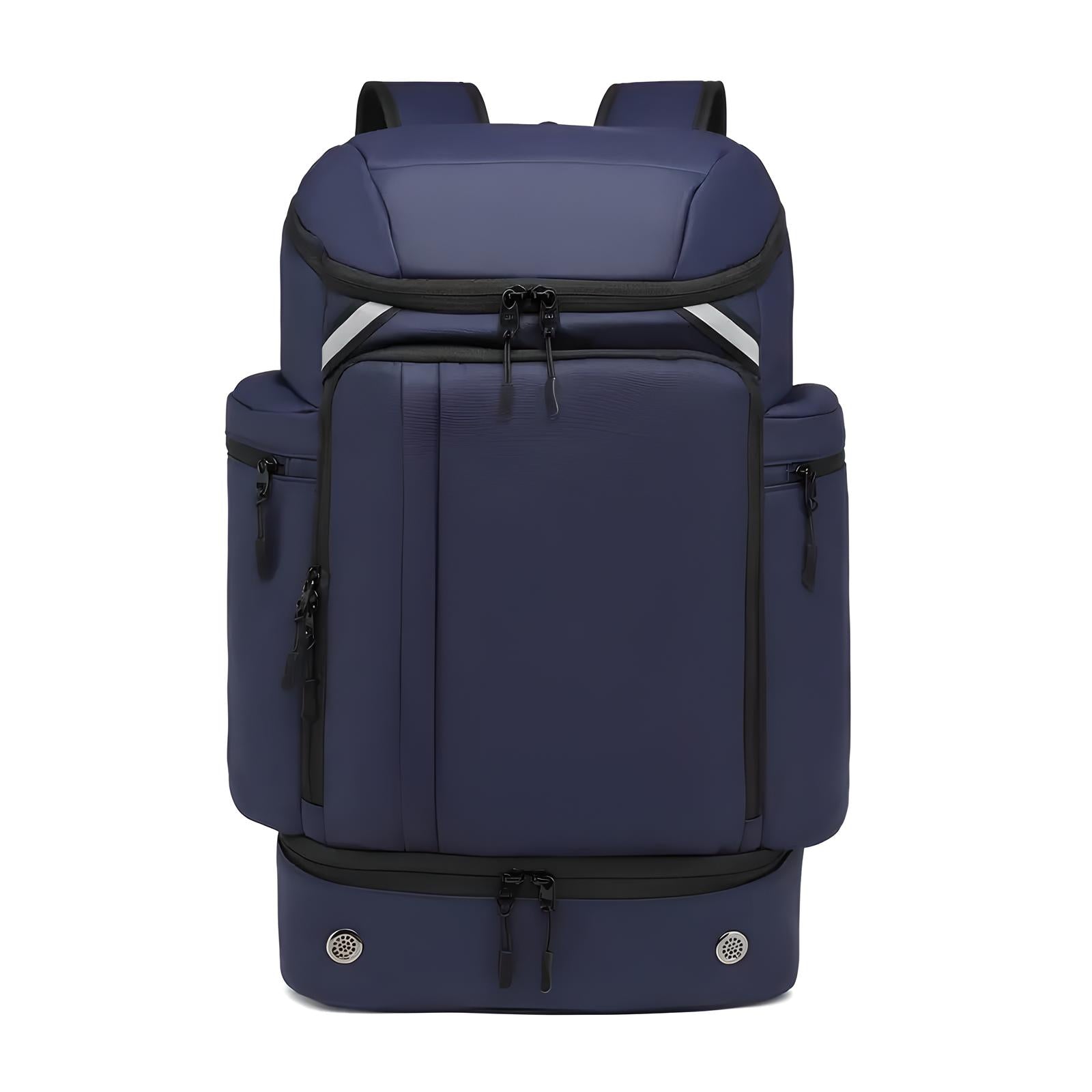 Dunkelblauer Rucksack, wasserdicht, mit mehreren Taschen, ideal für Reisen und Outdoor-Aktivitäten.