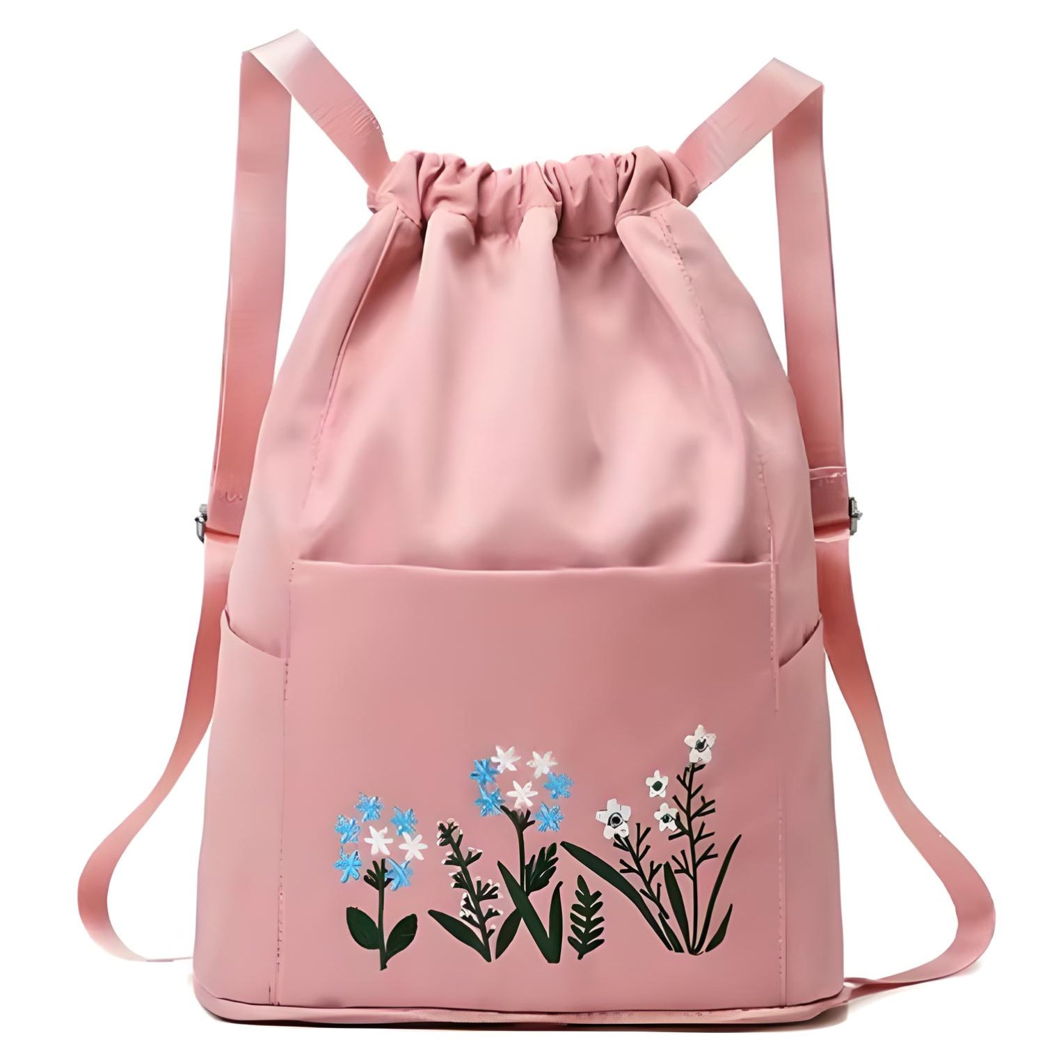 Rosa Rucksack mit Blumenmuster, Kordelzug, modisch, Damen, Freizeit, Polyester.