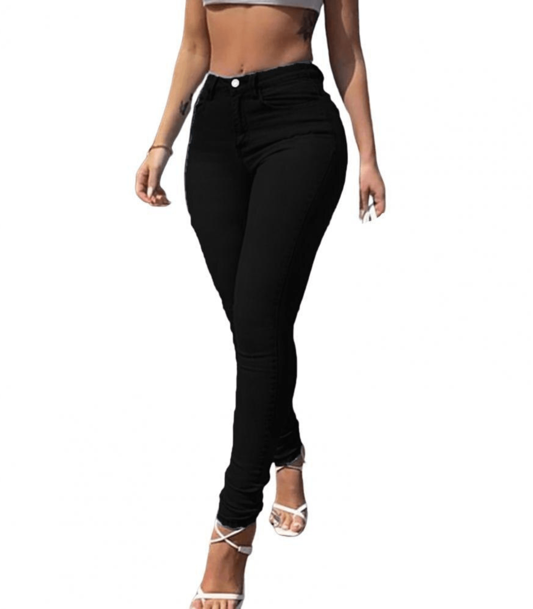 Damen schwarze Skinny Jeans, hoch tailliert, 90er Jahre Stil, modisch, figurbetont, ideal für trendige Outfits, erhältlich bei Amodafashion.