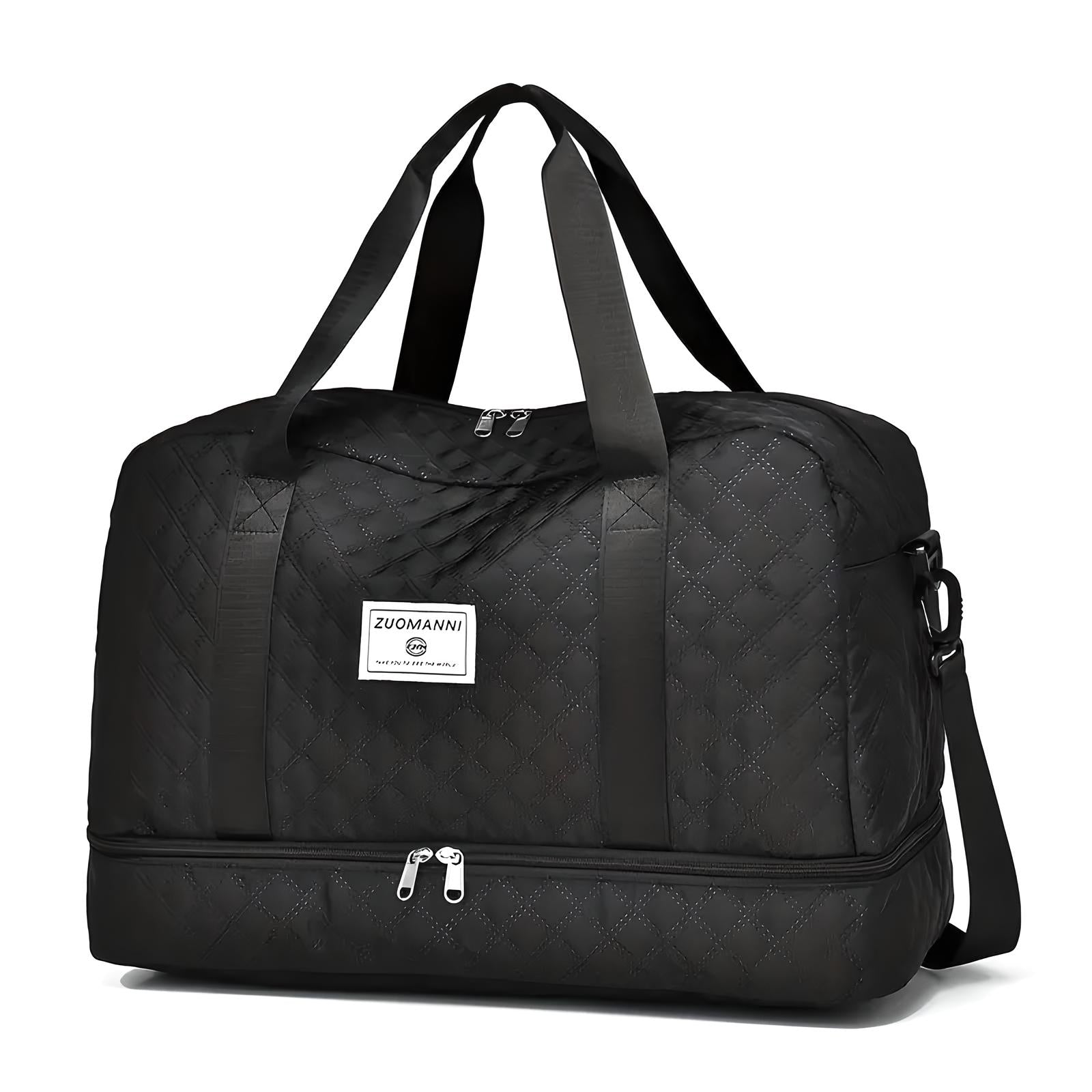 Schwarze Reisetasche mit Tragegriffen, Reißverschluss, geräumigem Hauptfach, ideal für Reisen.