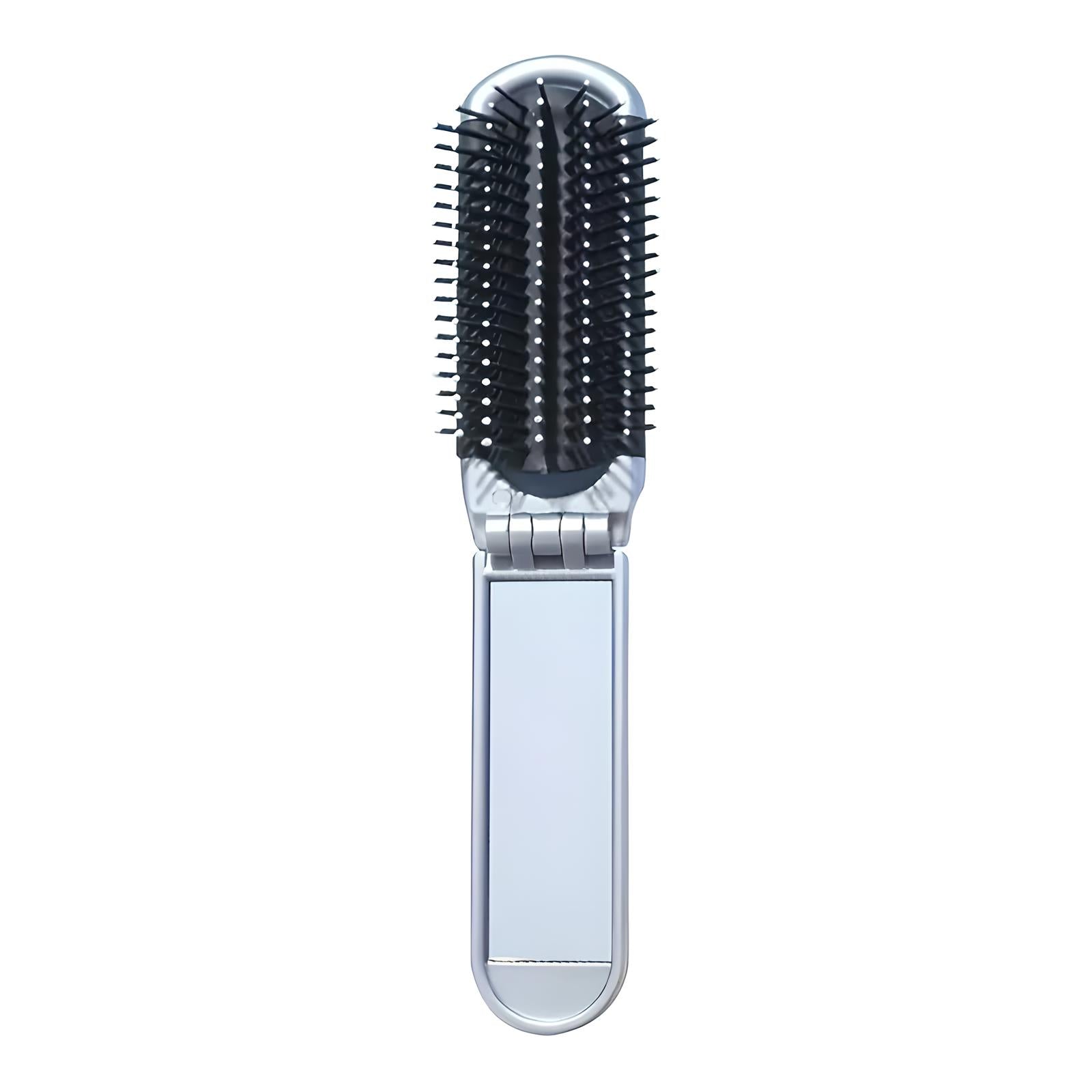 Silberne faltbare Haarbürste mit schwarzen Borsten, ideal für unterwegs, kompakt und praktisch.