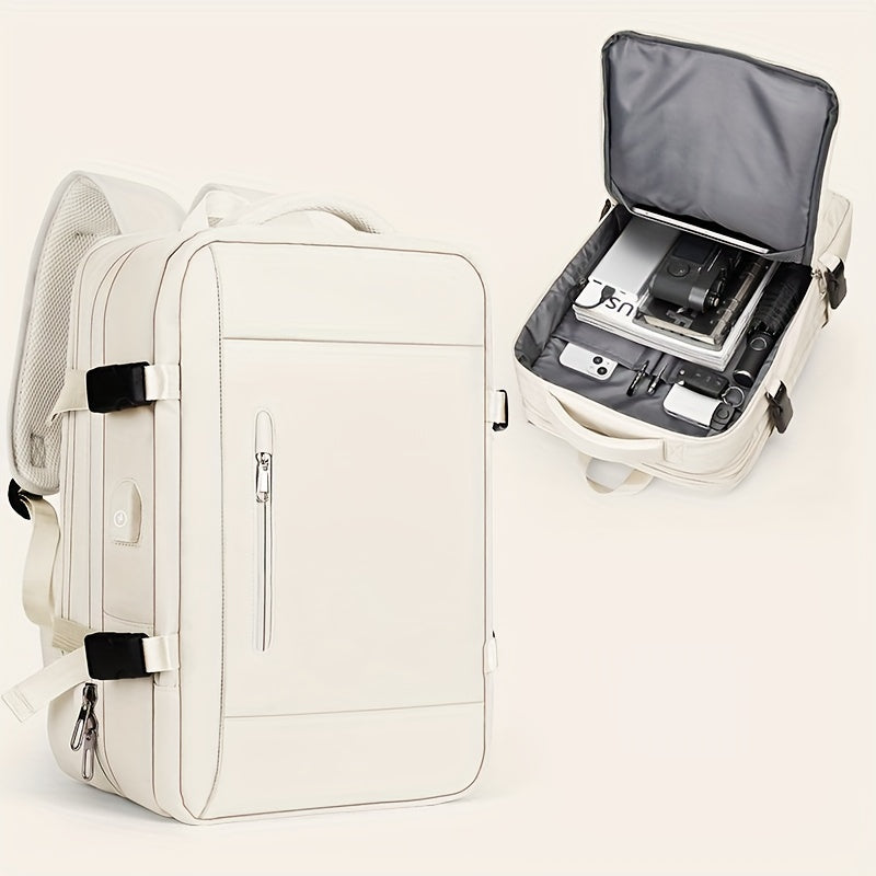 Moderner weißer Rucksack mit Laptopfach, USB-Anschluss und mehreren Taschen. Ideal für Reisen und Arbeit. Stilvoll, funktional, geräumig.