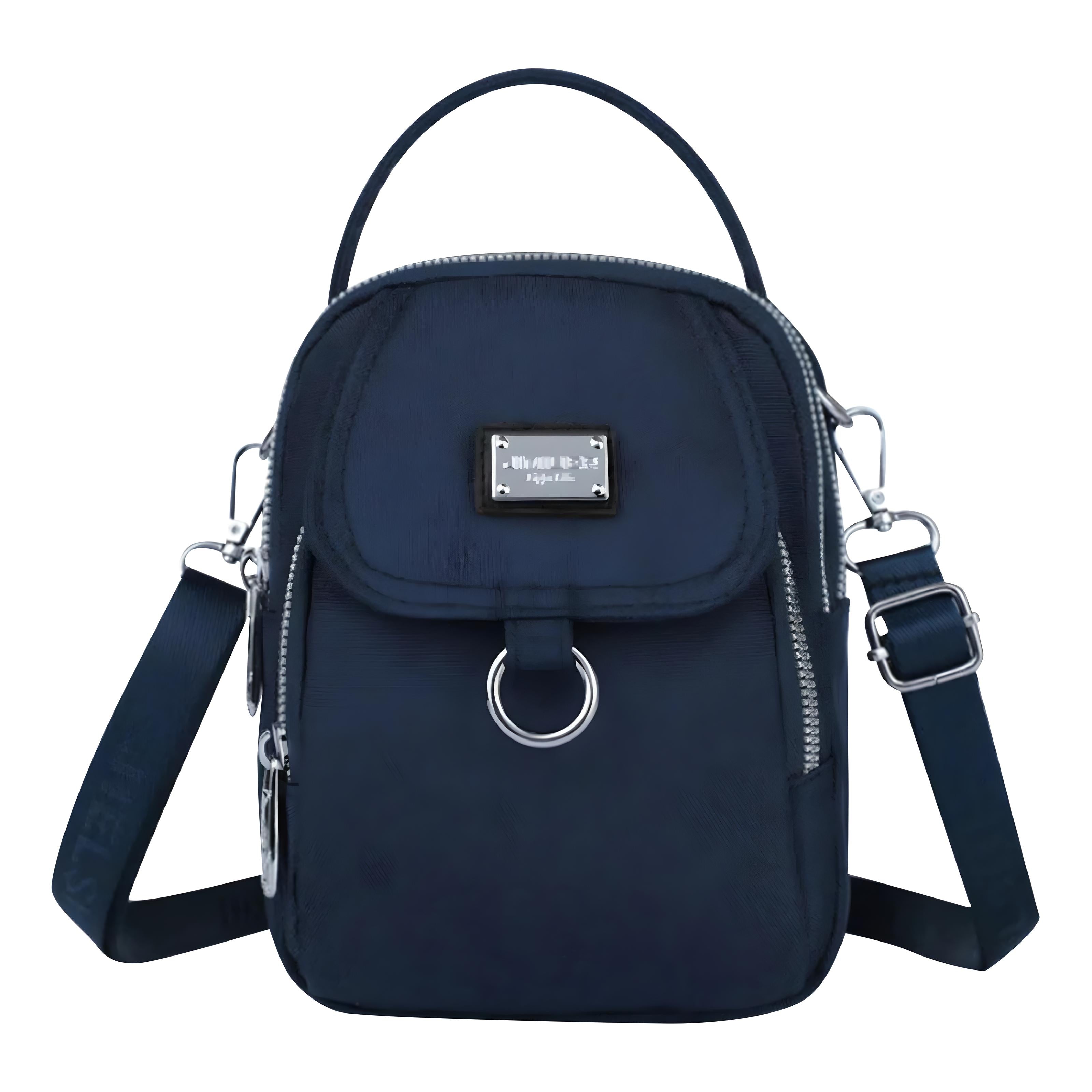 Dunkelblaue Umhängetasche aus Nylon mit Reißverschluss und verstellbarem Schulterriemen.