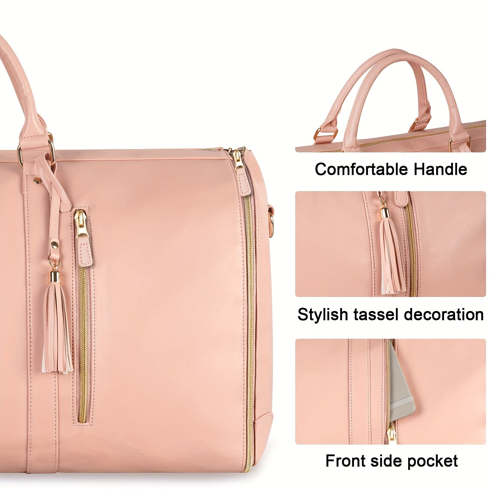 Elegante rosa Handtasche mit Quasten-Dekoration, komfortablem Griff und Fronttasche. Perfekt für Damenmode, Accessoires und stilvolle Outfits.