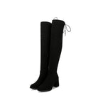 Schwarze Overknee-Stiefel mit Blockabsatz, Schnürung hinten. Perfekt für Herbstmode, Damenstiefel, elegantes Design, vielseitig kombinierbar.