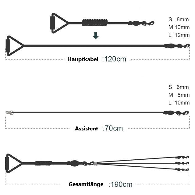 Hochwertiges Fitnessseil, 190 cm Gesamtlänge, mit Hauptkabel (120 cm) und Assistent (70 cm). Ideal für Krafttraining und Widerstandsübungen.