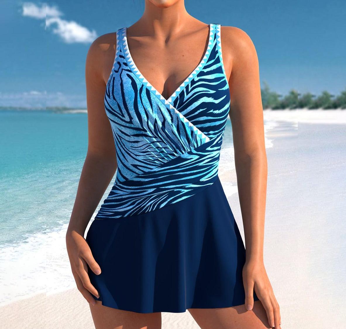 Damen-Badeanzug mit blauem Zebra-Muster, V-Ausschnitt und Rock-Design am Strand. Perfekt für Sommer, Strandmode und Bademode-Trends.