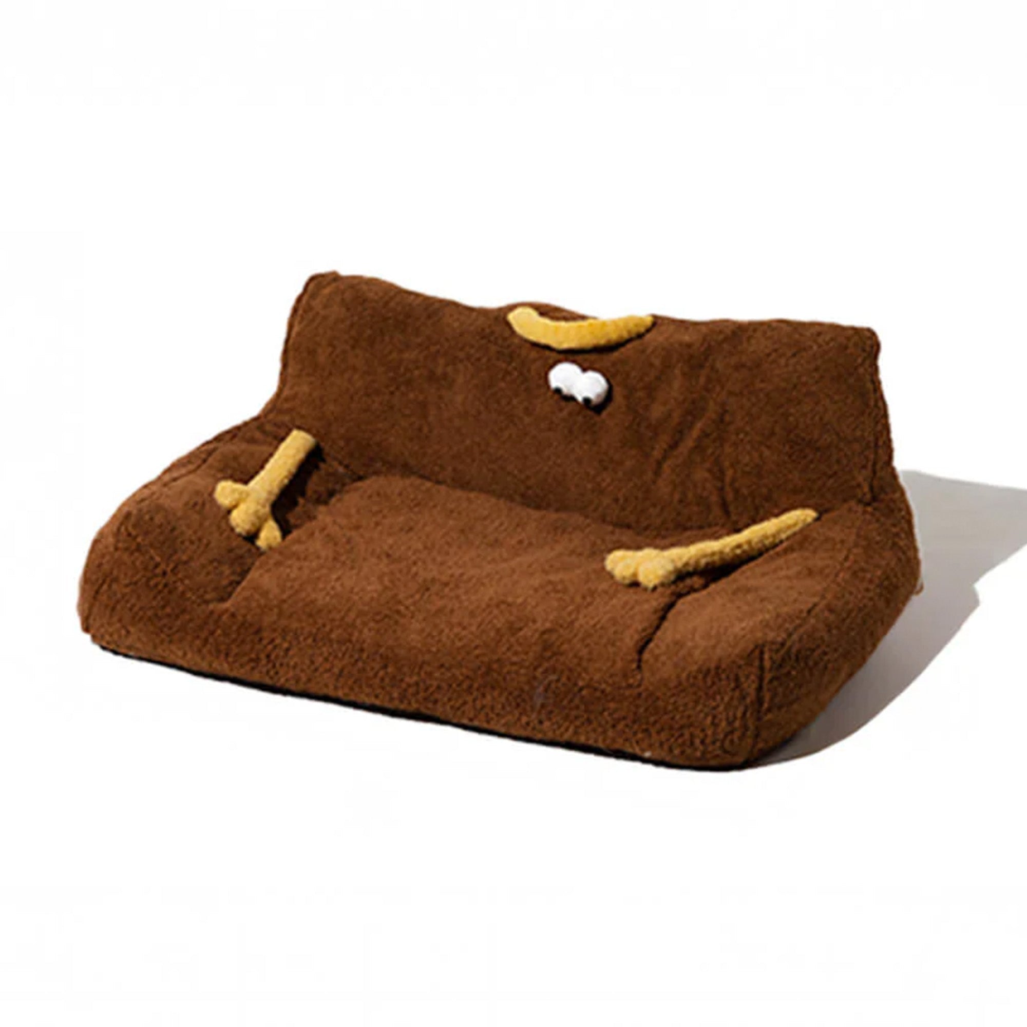 Braunes Plüsch-Haustiersofa in Monsterdesign, ideal für Hunde und Katzen, bequem und stilvoll.