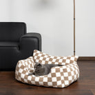 Kariertes Hundesofa, abnehmbar, waschbar, braun-weiß, gemütlich, modernes Design.