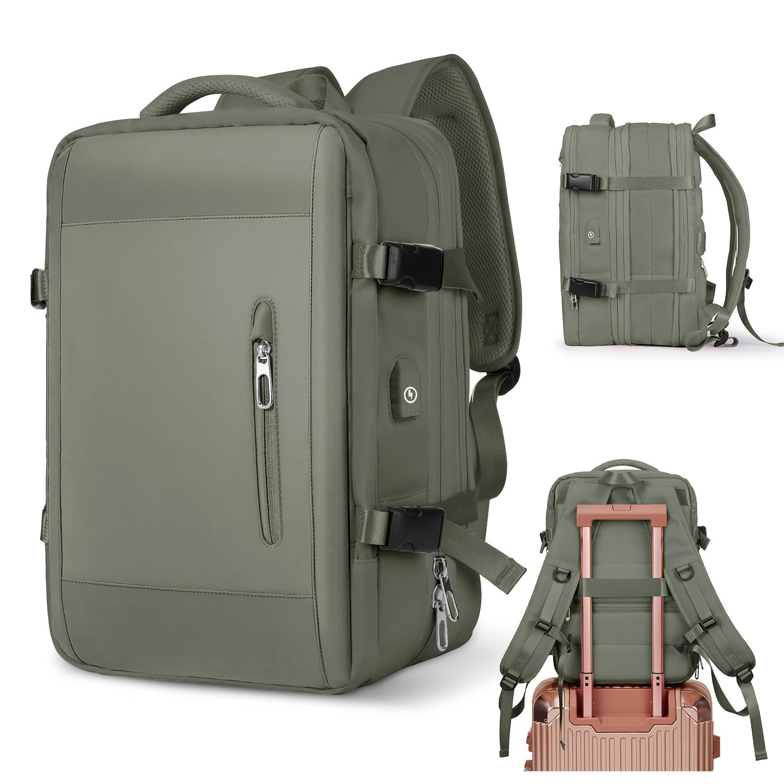 Grüner Rucksack mit USB-Anschluss, ideal für Reisen und Business. Vielseitig, wasserabweisend, mit Laptopfach und Trolley-Befestigung.