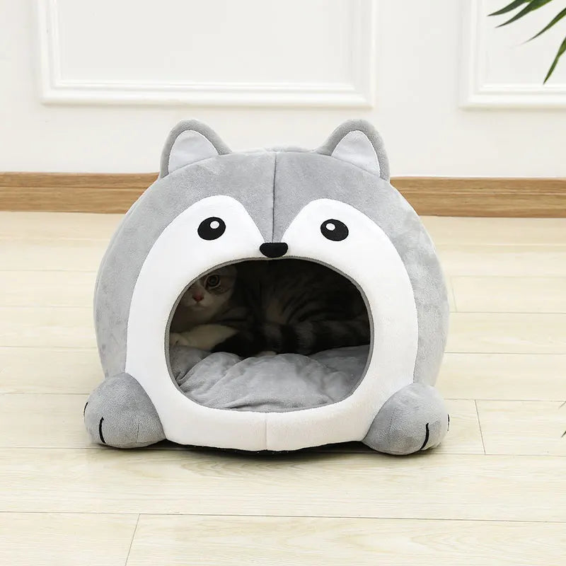 Graues Katzenbett in Tierform, Plüsch, gemütlich, für Haustiere, modernes Design, Wohnzimmer.