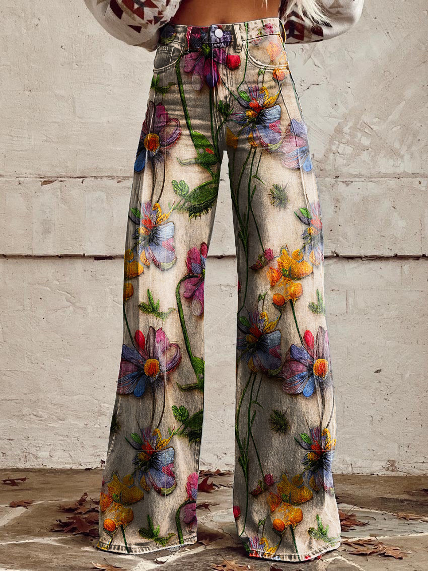 Bunte Damen-Jeans mit floralen Stickereien, weites Bein, modisch, trendig, ideal für Frühling und Sommer, auffälliges Design, hochwertiger Stoff.