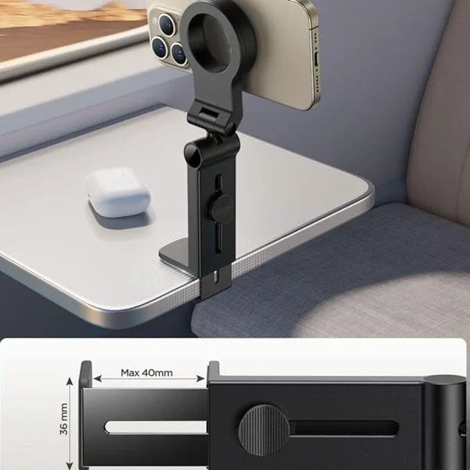 Smartphone-Halterung Flugzeug, verstellbar, schwarz, für Tischmontage, kompakt und stabil.