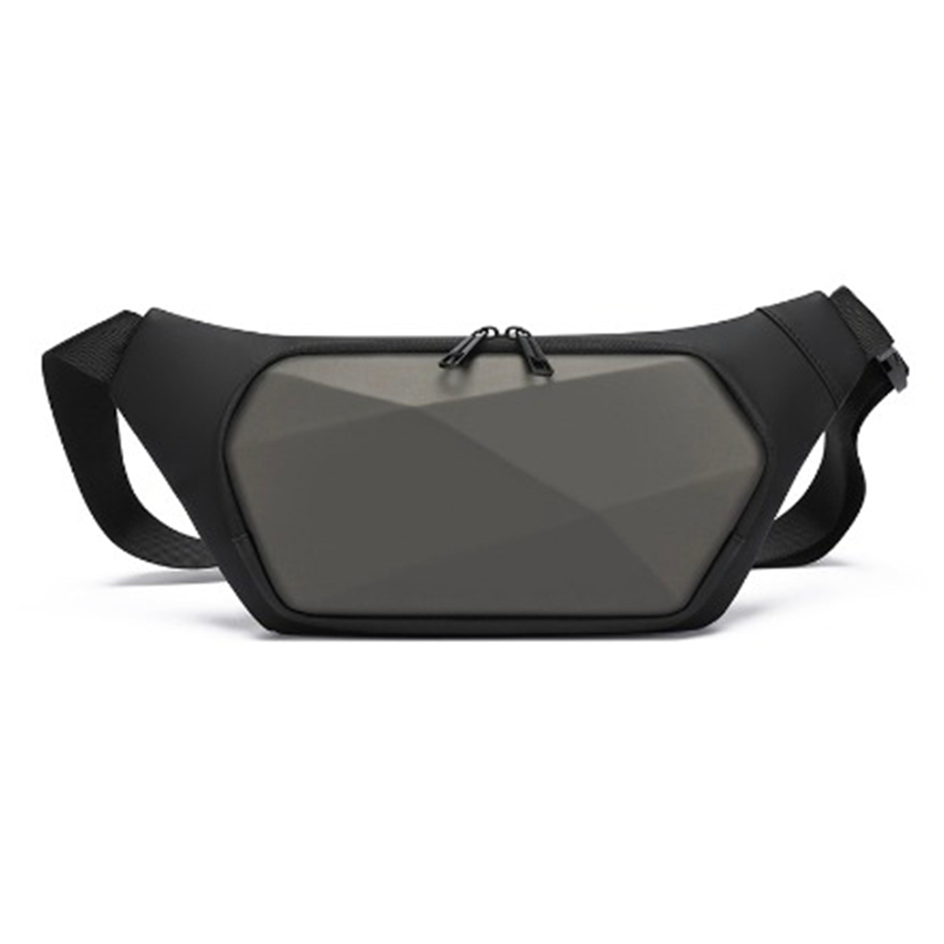 Schwarze Hardshell-Gürteltasche, geometrisches Design, verstellbarer Riemen, modisch und praktisch.