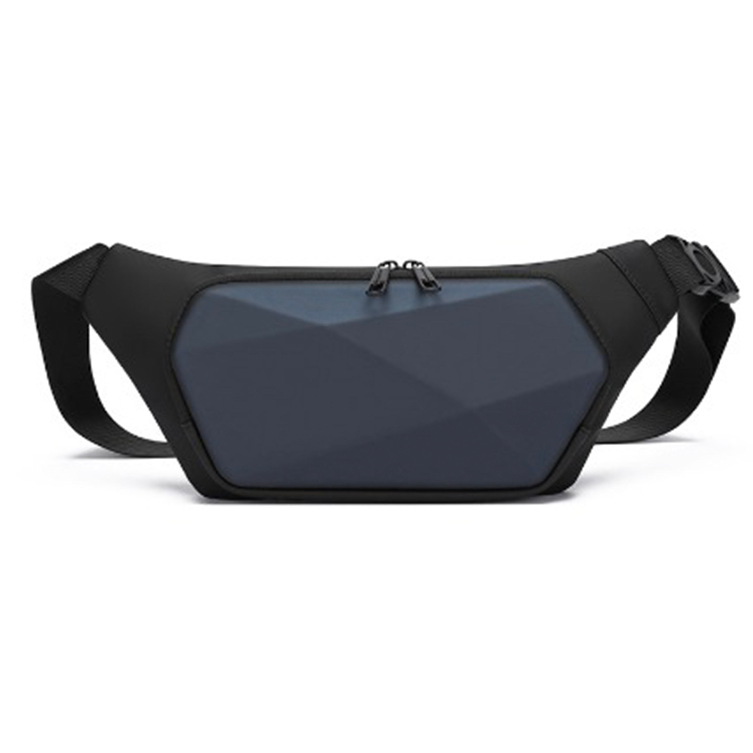 Schwarze Gürteltasche mit geometrischem Design, wasserfest, ideal für Reisen und Outdoor-Aktivitäten.