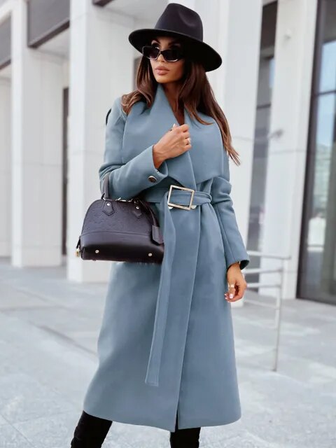 Damen-Fleece-Mantel mit Gürtel, V-Ausschnitt und Knöpfen, ideal für Herbst/Winter. Eleganter Look, lange Ärmel, modisch und warm.