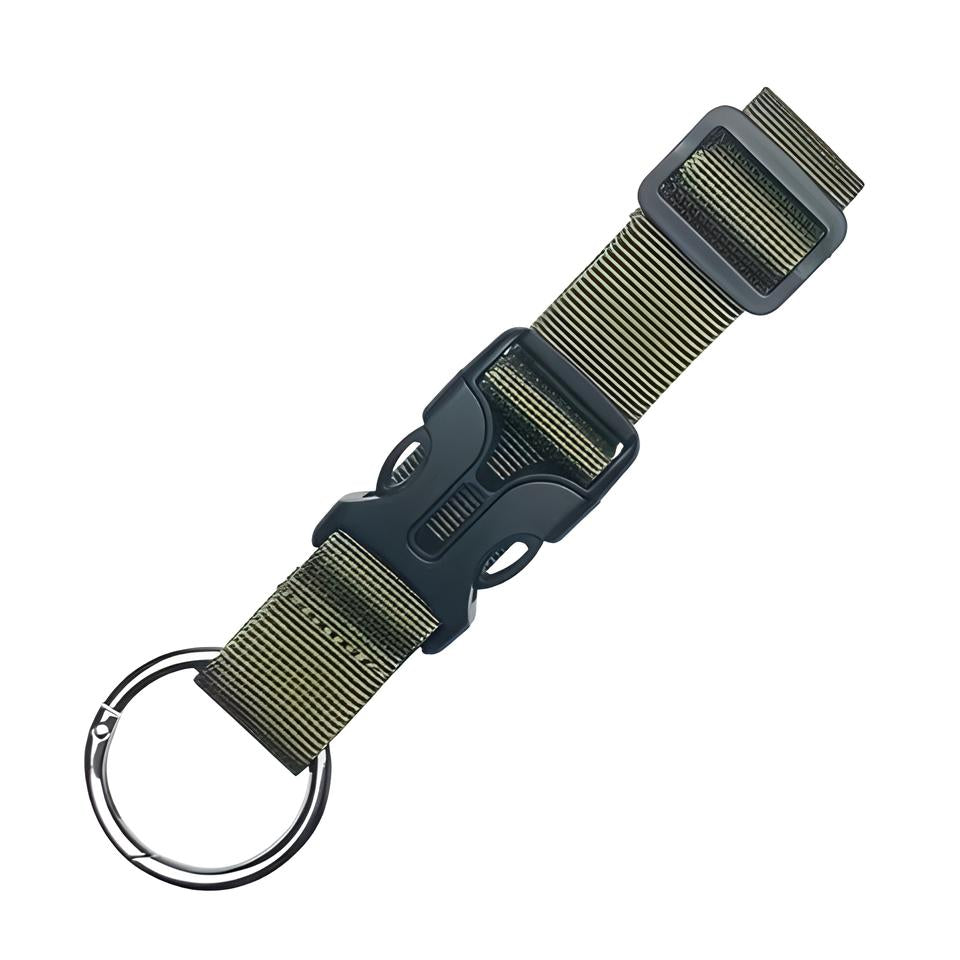 Armeegrüner Schlüsselanhänger, Nylon, mit Schnalle und Schlüsselring, robust und langlebig.
