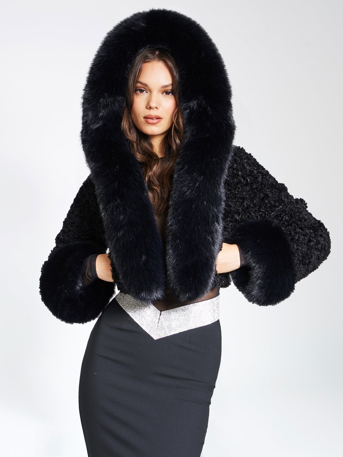 Eleganter schwarzer Pelzmantel mit Kapuze, modisches Design, luxuriöse Damenbekleidung, ideal für Wintermode und stilvolle Auftritte.