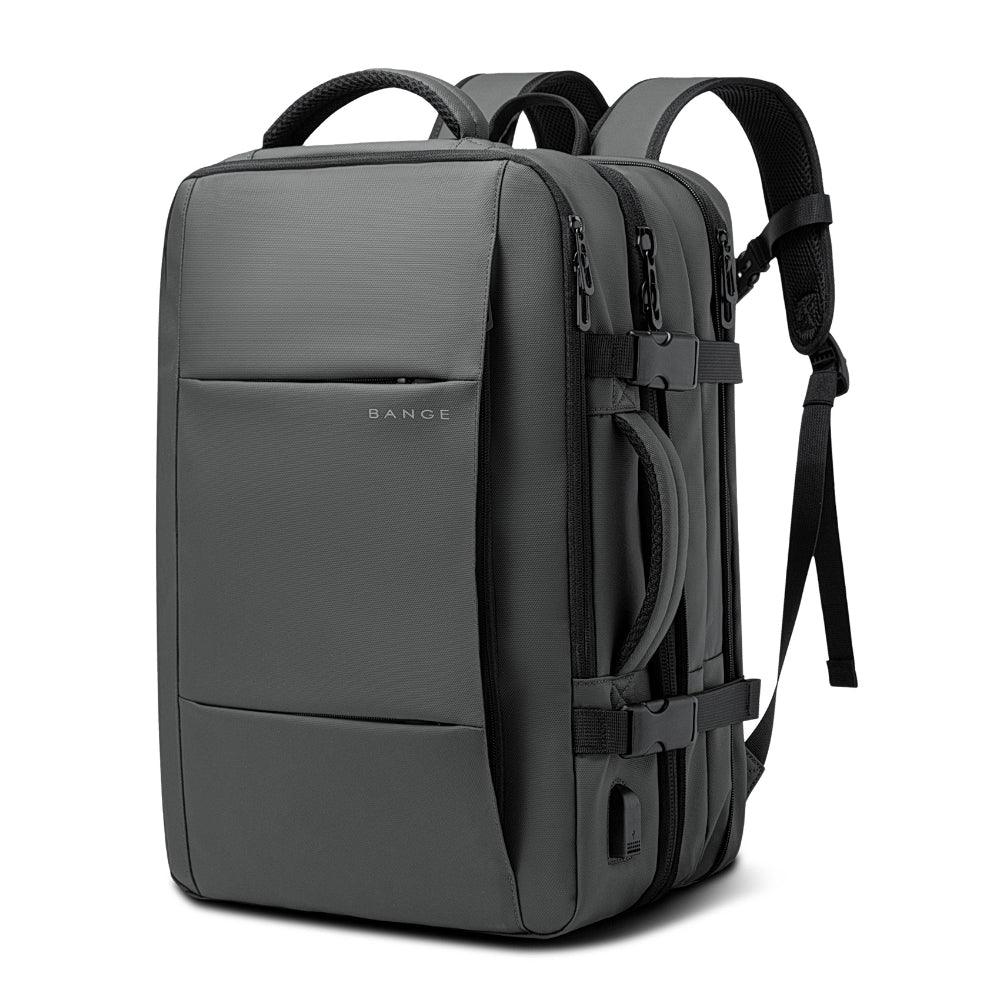 Grauer BANGE Rucksack, wasserabweisend, mit mehreren Fächern, ideal für Reisen und Alltag.
