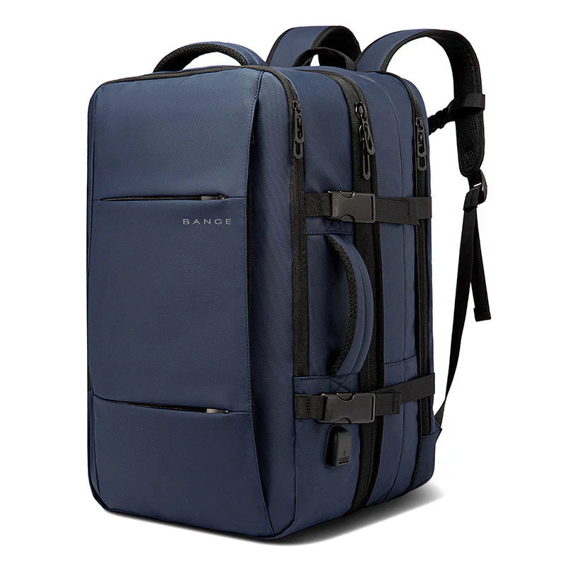 Blauer Bange Rucksack, wasserabweisend, multifunktional, ideal für Reisen und Alltag.