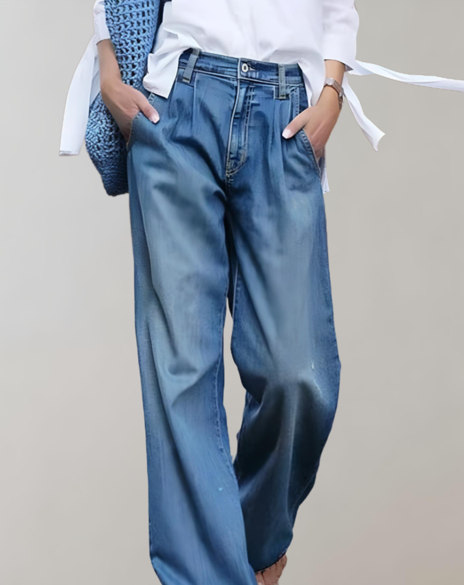 Damen-Jeanshose in Blau, lässiger Stil, kombiniert mit weißem Oberteil. Perfekt für modische Freizeitlooks. Hochwertige Denim-Mode.